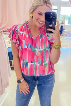 Clearance Dear-Lover Abstract Brush Print Ruffled Sleeve Frill V Neck Blouse Rose