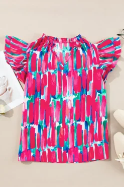 Clearance Dear-Lover Abstract Brush Print Ruffled Sleeve Frill V Neck Blouse Rose