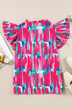 Clearance Dear-Lover Abstract Brush Print Ruffled Sleeve Frill V Neck Blouse Rose