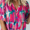 Discount Dear-Lover Abstract Brushwork Print Buttoned V Neck Blouse Rose