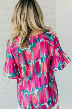 Discount Dear-Lover Abstract Brushwork Print Buttoned V Neck Blouse Rose