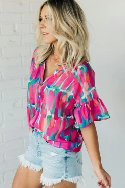 Discount Dear-Lover Abstract Brushwork Print Buttoned V Neck Blouse Rose