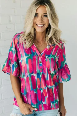 Discount Dear-Lover Abstract Brushwork Print Buttoned V Neck Blouse Rose