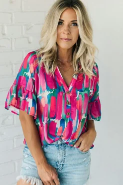Discount Dear-Lover Abstract Brushwork Print Buttoned V Neck Blouse Rose