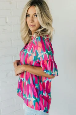 Discount Dear-Lover Abstract Brushwork Print Buttoned V Neck Blouse Rose