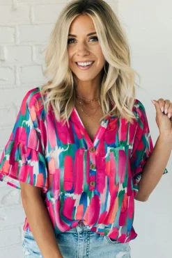 Discount Dear-Lover Abstract Brushwork Print Buttoned V Neck Blouse Rose