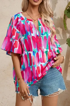 Discount Dear-Lover Abstract Brushwork Print Buttoned V Neck Blouse Rose