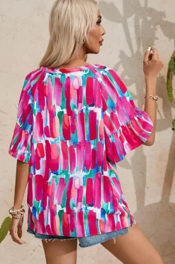 Discount Dear-Lover Abstract Brushwork Print Buttoned V Neck Blouse Rose