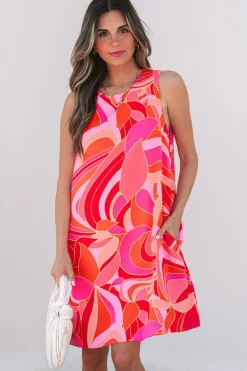 Online Dear-Lover Abstract Floral Print Sleeveless Shift Mini Dress Rose