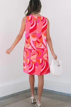 Online Dear-Lover Abstract Floral Print Sleeveless Shift Mini Dress Rose