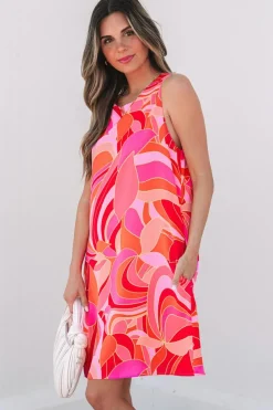 Online Dear-Lover Abstract Floral Print Sleeveless Shift Mini Dress Rose