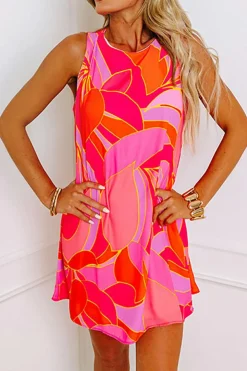 Online Dear-Lover Abstract Floral Print Sleeveless Shift Mini Dress Rose