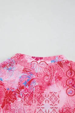 Discount Dear-Lover Abstract Floral Print Notch V Neck Rolled Short Sleeve Blouse Rose
