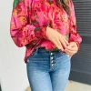 Outlet Dear-Lover Abstract Print Frilly Neckline Puff Sleeve Blouse Rose
