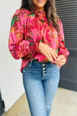 Outlet Dear-Lover Abstract Print Frilly Neckline Puff Sleeve Blouse Rose