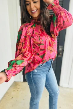 Outlet Dear-Lover Abstract Print Frilly Neckline Puff Sleeve Blouse Rose
