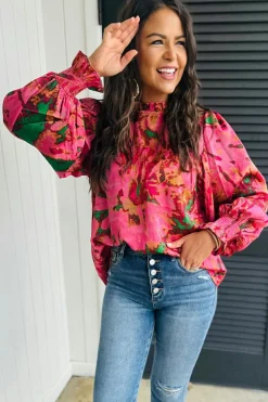 Outlet Dear-Lover Abstract Print Frilly Neckline Puff Sleeve Blouse Rose