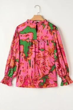 Outlet Dear-Lover Abstract Print Frilly Neckline Puff Sleeve Blouse Rose