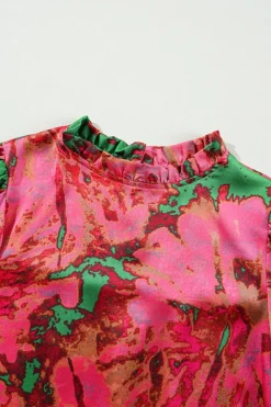 Outlet Dear-Lover Abstract Print Frilly Neckline Puff Sleeve Blouse Rose