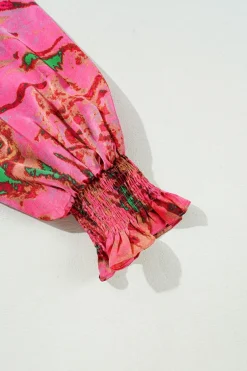 Outlet Dear-Lover Abstract Print Frilly Neckline Puff Sleeve Blouse Rose