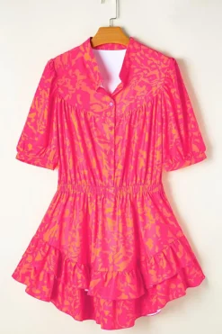 Outlet Dear-Lover Abstract Print Puff Short Sleeve Ruffled Mini Dress Rose
