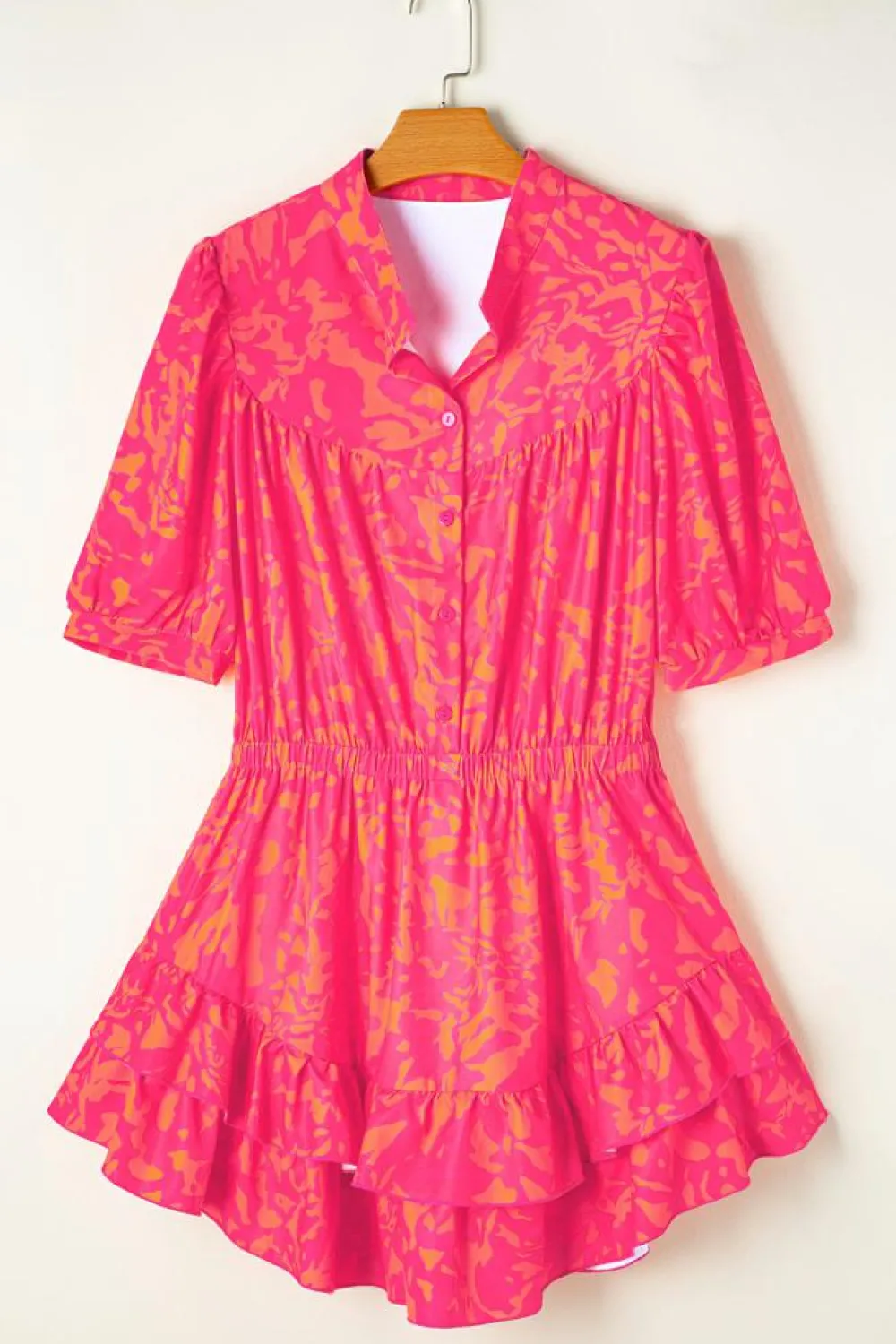 Outlet Dear-Lover Abstract Print Puff Short Sleeve Ruffled Mini Dress Rose