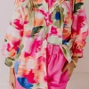 Clearance Dear-Lover Abstract Print Ruffled Puff Sleeve Shirt Rose