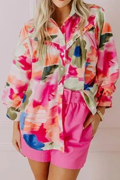 Clearance Dear-Lover Abstract Print Ruffled Puff Sleeve Shirt Rose