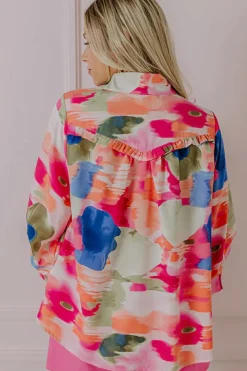 Clearance Dear-Lover Abstract Print Ruffled Puff Sleeve Shirt Rose