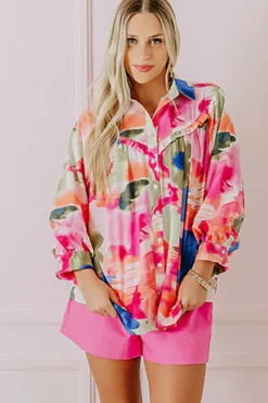 Clearance Dear-Lover Abstract Print Ruffled Puff Sleeve Shirt Rose