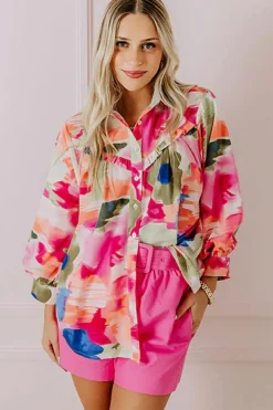 Clearance Dear-Lover Abstract Print Ruffled Puff Sleeve Shirt Rose