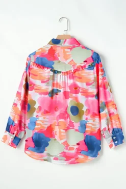 Clearance Dear-Lover Abstract Print Ruffled Puff Sleeve Shirt Rose