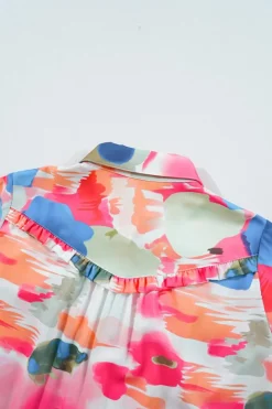 Clearance Dear-Lover Abstract Print Ruffled Puff Sleeve Shirt Rose