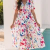Clearance Dear-Lover Abstract Print Short Puff Sleeve Tiered Maxi Dress Rose