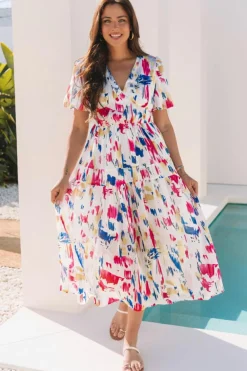 Clearance Dear-Lover Abstract Print Short Puff Sleeve Tiered Maxi Dress Rose