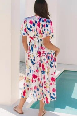 Clearance Dear-Lover Abstract Print Short Puff Sleeve Tiered Maxi Dress Rose