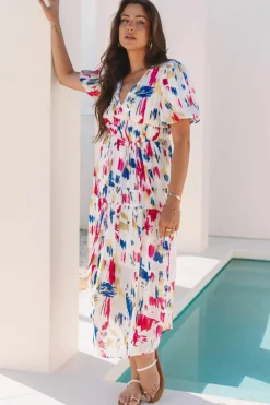 Clearance Dear-Lover Abstract Print Short Puff Sleeve Tiered Maxi Dress Rose