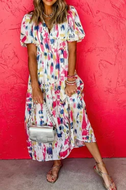 Clearance Dear-Lover Abstract Print Short Puff Sleeve Tiered Maxi Dress Rose