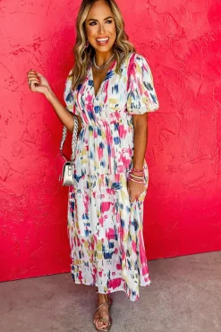 Clearance Dear-Lover Abstract Print Short Puff Sleeve Tiered Maxi Dress Rose