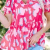 Fashion Dear-Lover Abstract Print Smocked Puff Sleeve V Neck Blouse Rose