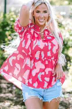 Fashion Dear-Lover Abstract Print Smocked Puff Sleeve V Neck Blouse Rose