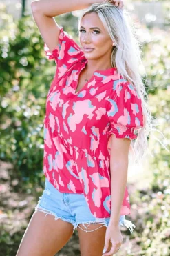 Fashion Dear-Lover Abstract Print Smocked Puff Sleeve V Neck Blouse Rose