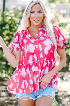 Fashion Dear-Lover Abstract Print Smocked Puff Sleeve V Neck Blouse Rose