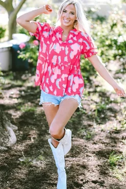 Fashion Dear-Lover Abstract Print Smocked Puff Sleeve V Neck Blouse Rose