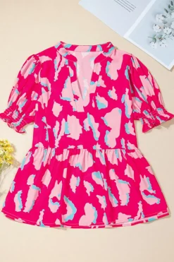 Fashion Dear-Lover Abstract Print Smocked Puff Sleeve V Neck Blouse Rose