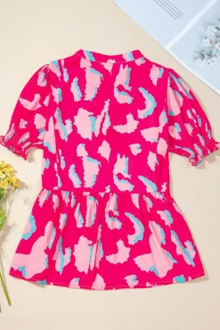Fashion Dear-Lover Abstract Print Smocked Puff Sleeve V Neck Blouse Rose