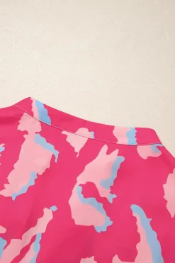 Fashion Dear-Lover Abstract Print Smocked Puff Sleeve V Neck Blouse Rose