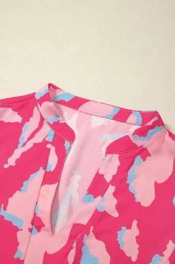 Fashion Dear-Lover Abstract Print Smocked Puff Sleeve V Neck Blouse Rose