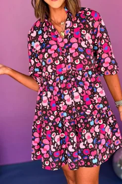 Online Dear-Lover Abstract Print V Neck Collared Half Sleeve Short Dress Rose