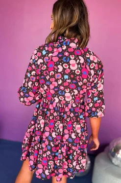 Online Dear-Lover Abstract Print V Neck Collared Half Sleeve Short Dress Rose
